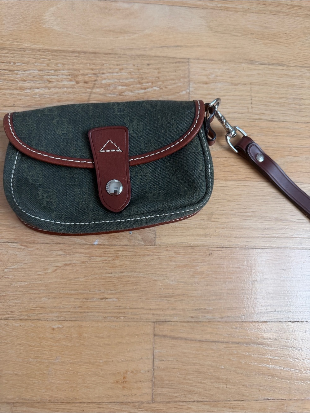 Dooney & Bourke Olive Green Canvas Wristlet with Brown Leather Trim